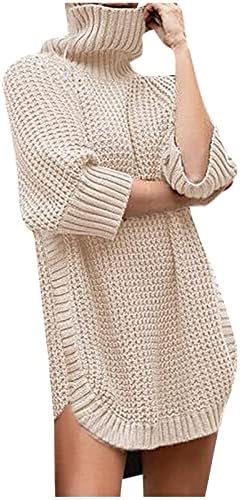 Women'sенски плетени фустани џемпер со врвот на половината надолу од половината со долги ракави, облечен во колк, џемпер во плус
